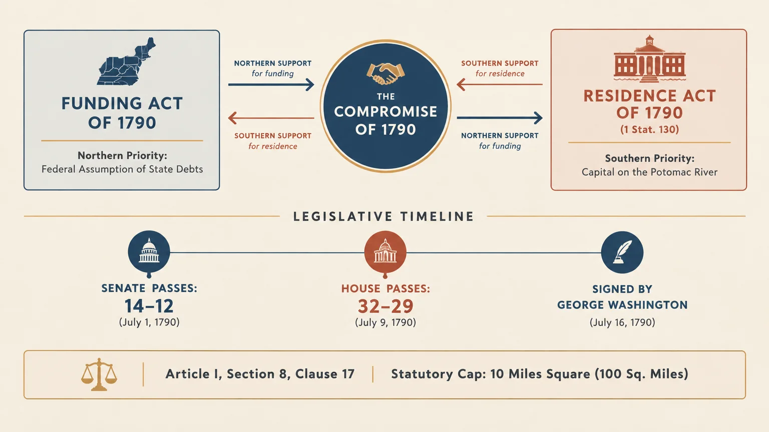 Diagram of the Compromise of 1790 with a legislative timeline of House and Senate votes and constitutional references.