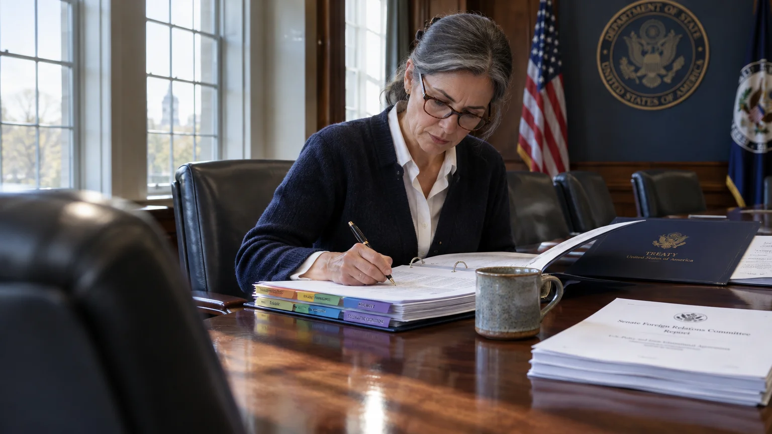 A woman wearing glasses writes in a large binder at a wooden conference table in an office with an American flag.