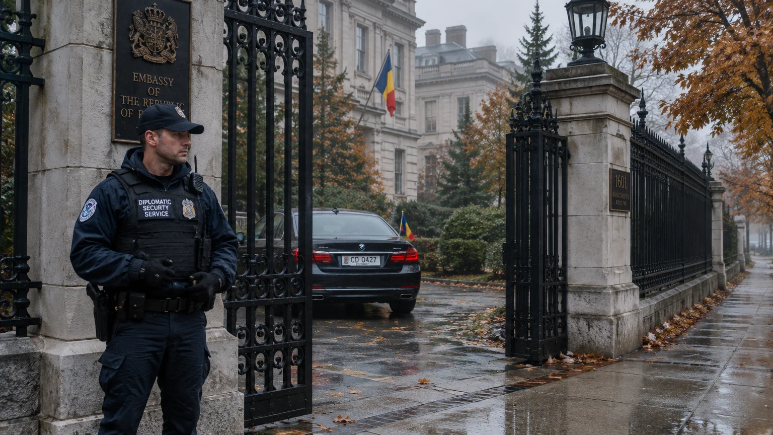 Diplomatic Security Service officer standing guard at an open black iron gate outside an embassy building.