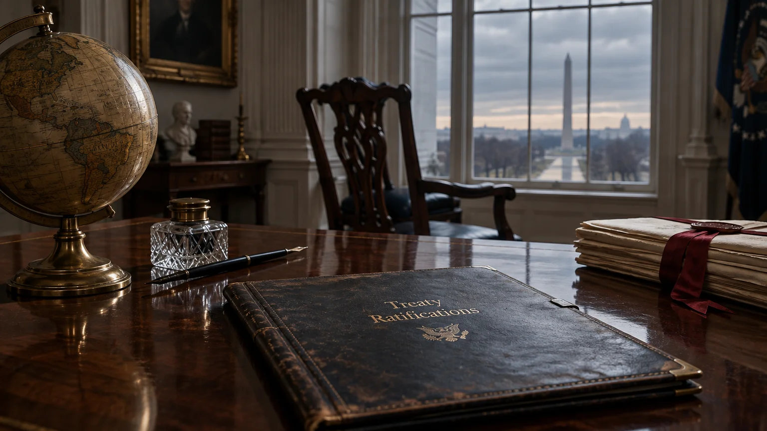 Desk with a globe, inkwell, and Treaty Ratifications book overlooking the Washington Monument through a window.