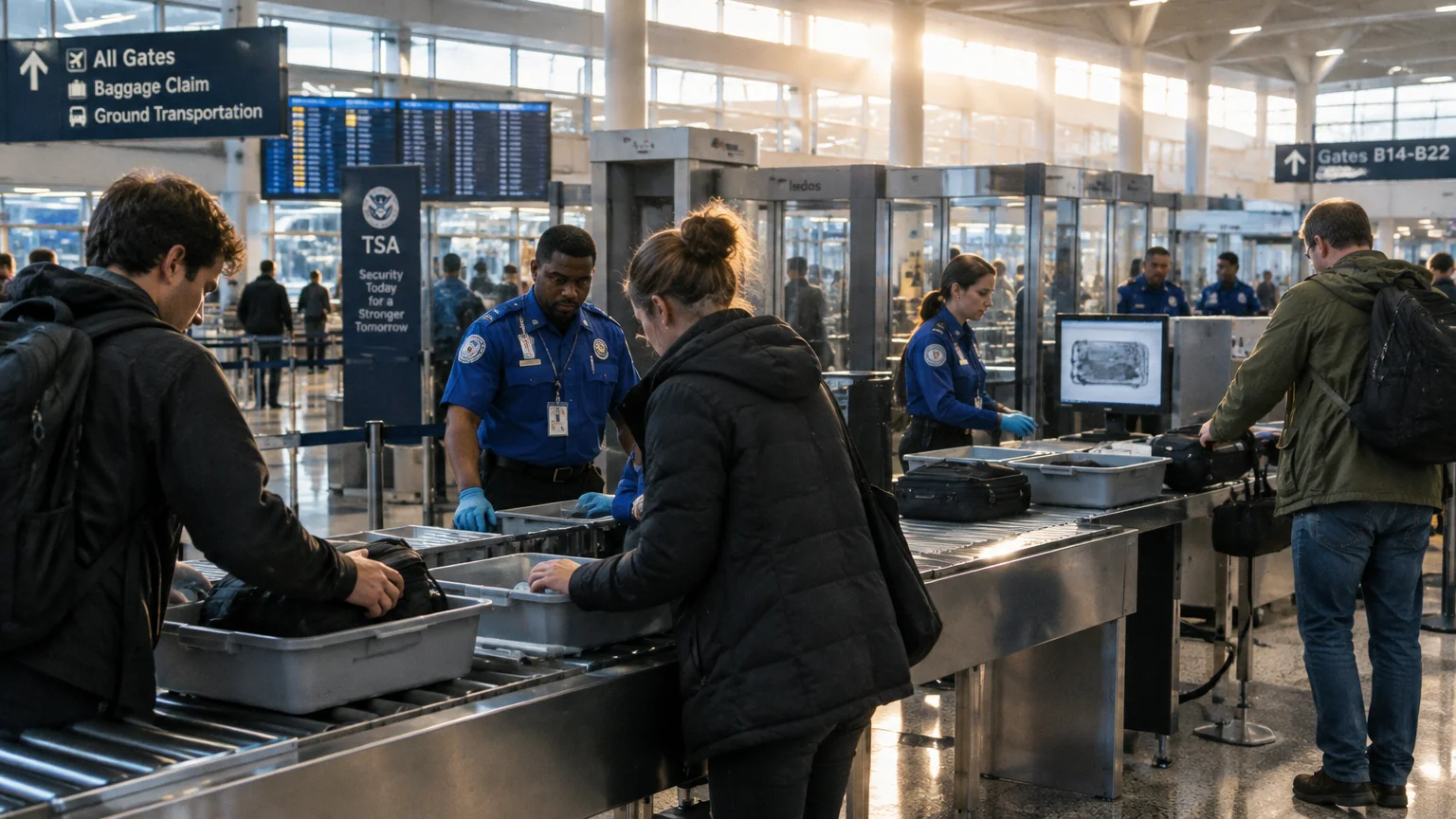 Passengers place bags into bins at an airport security checkpoint staffed by TSA officers in blue uniforms.