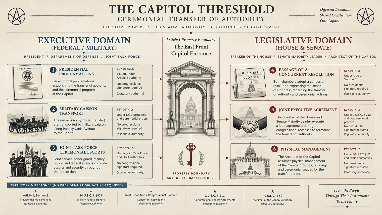 Diagram outlining funeral authority divided between the executive domain and legislative domain at the Capitol entrance.
