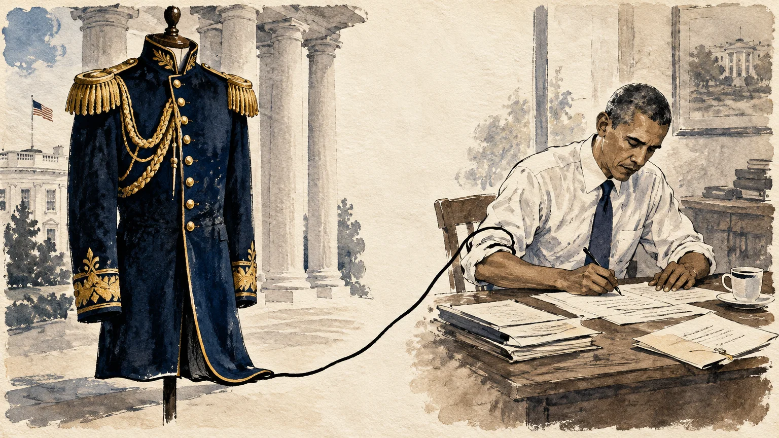 Illustration of an ornate ceremonial uniform on a mannequin connected by a cord to Barack Obama writing at a desk.