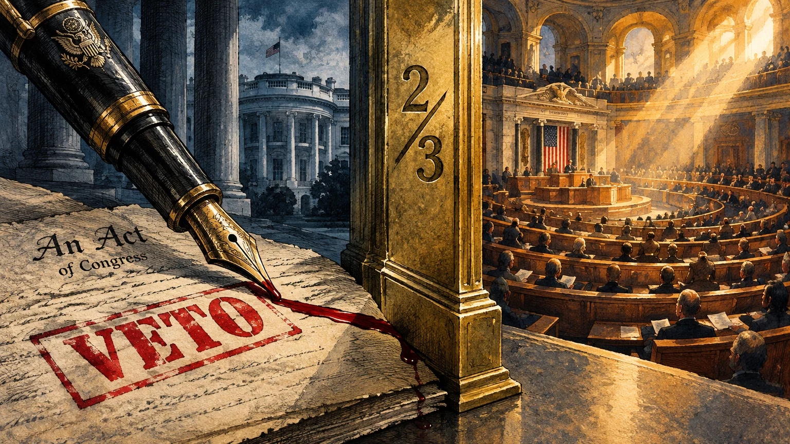 Split illustration of a fountain pen stamping veto by the White House and a congressional chamber with a 2/3 symbol.