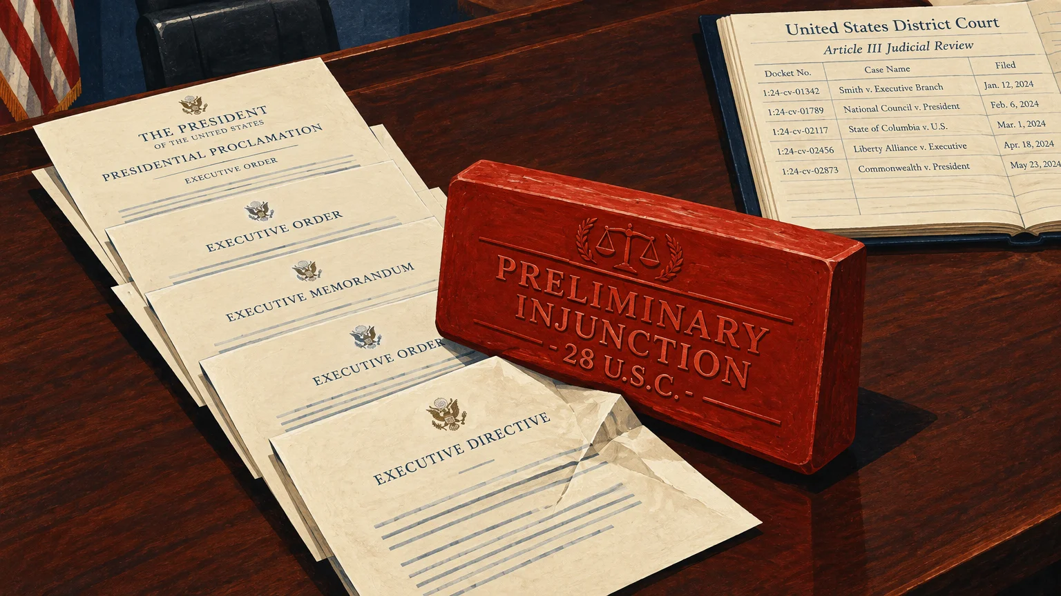 Illustration of presidential orders blocked on a desk by a red brick stamped preliminary injunction next to a court ledger.