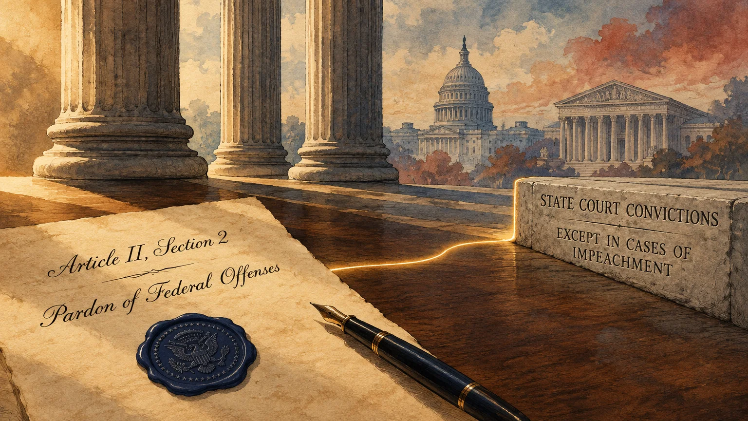 Illustration of a presidential pardon document and fountain pen beside classical columns overlooking the Capitol.
