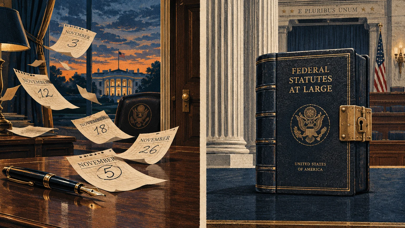 Split view of calendar pages floating over a desk and a locked Federal Statutes at Large book in Congress.