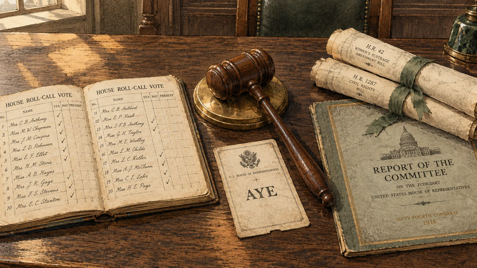 Wooden gavel, roll-call ledger, committee report, and rolled legislative bills resting on a wooden desk.