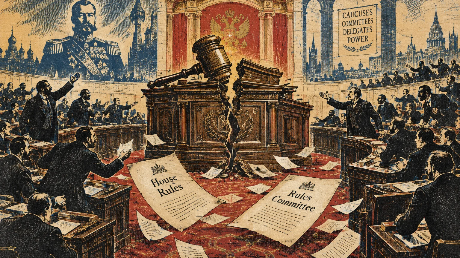 Illustration of a shattered wooden podium and gavel in a legislative assembly with papers scattered across the floor.