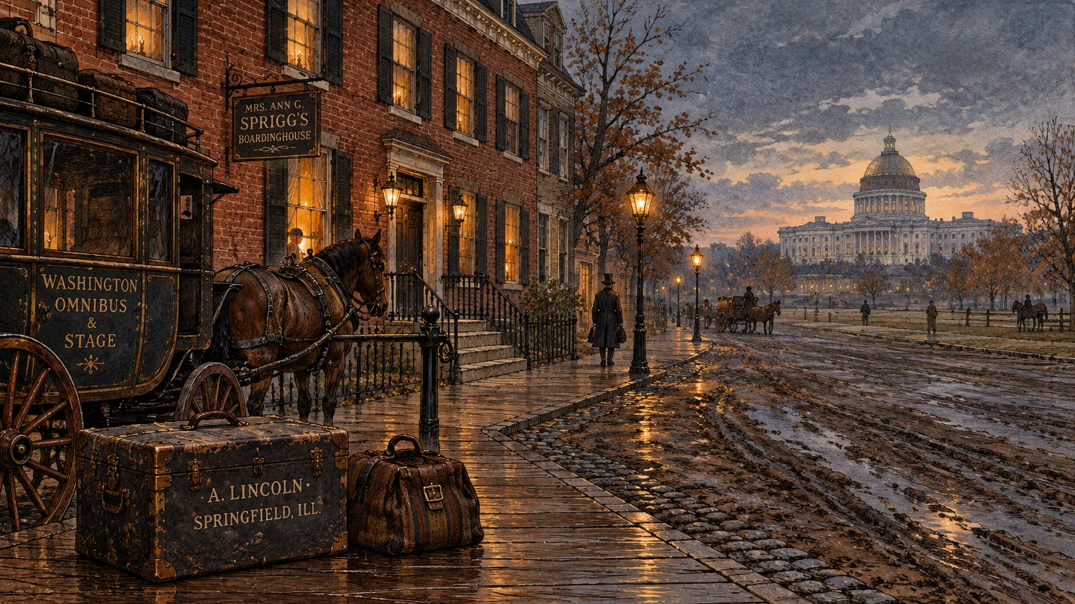 Illustration of luggage labeled A. Lincoln outside Mrs. Ann G. Sprigg’s Boardinghouse, overlooking the distant U.S. Capitol.
