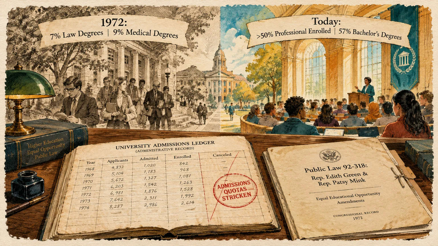 Split illustration contrasting 1972 and modern classrooms, with an admissions ledger and Title IX document on a desk.