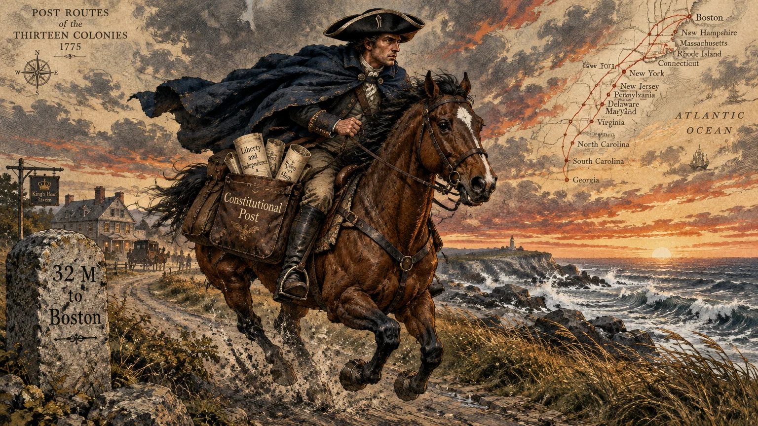 Illustration of a colonial courier on horseback carrying mail along a stormy coast next to a map of thirteen colonies.