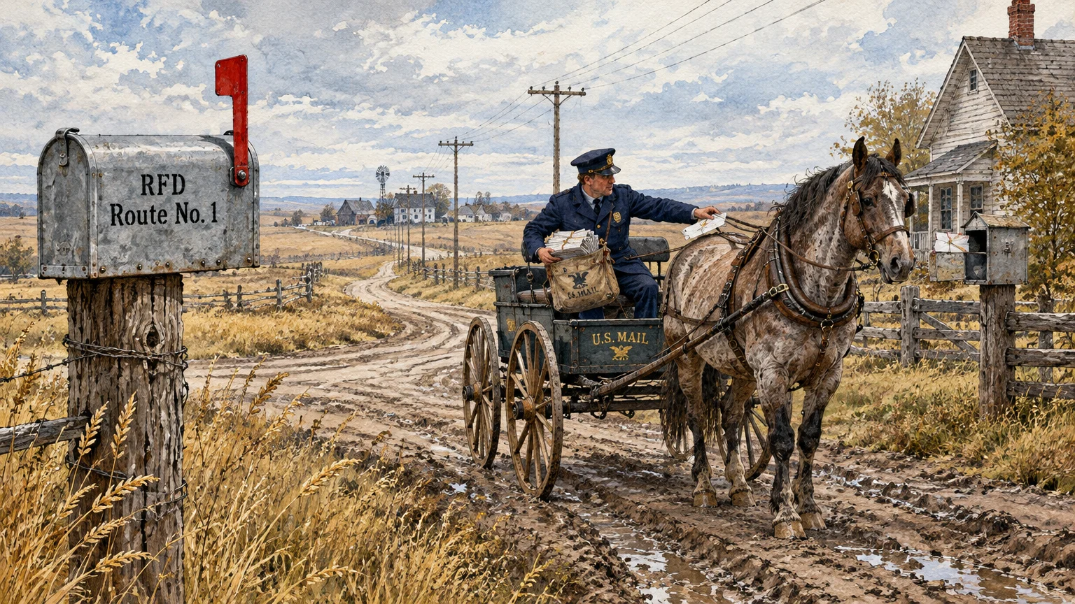 Watercolor illustration of a postal carrier driving a horse-drawn wagon on a muddy rural road past mailboxes.