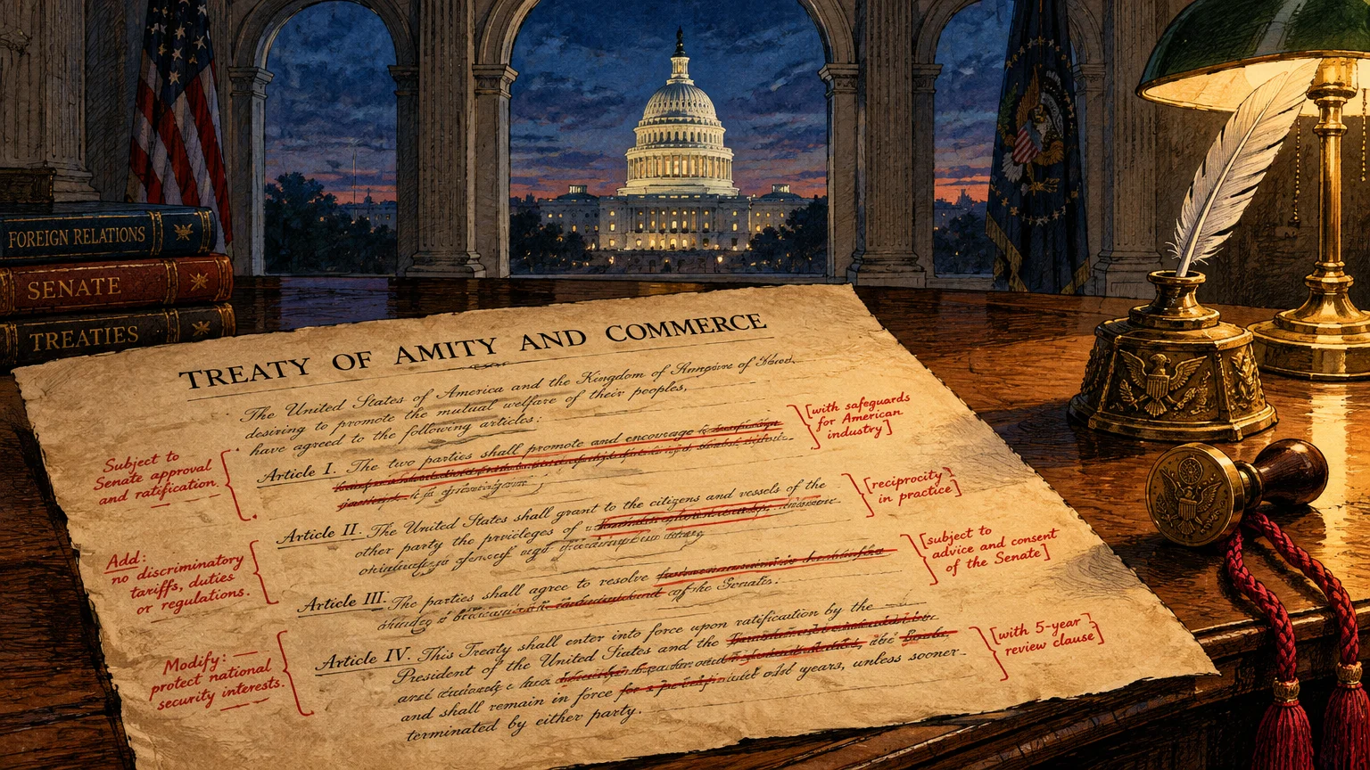 Illustrated treaty document with red revisions on a desk before a quill and a window viewing the illuminated U.S. Capitol.