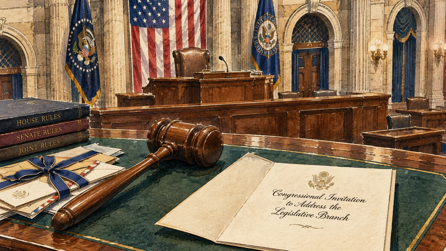 Illustration of a legislative chamber rostrum with a gavel, rule books, and a formal invitation document on a desk.
