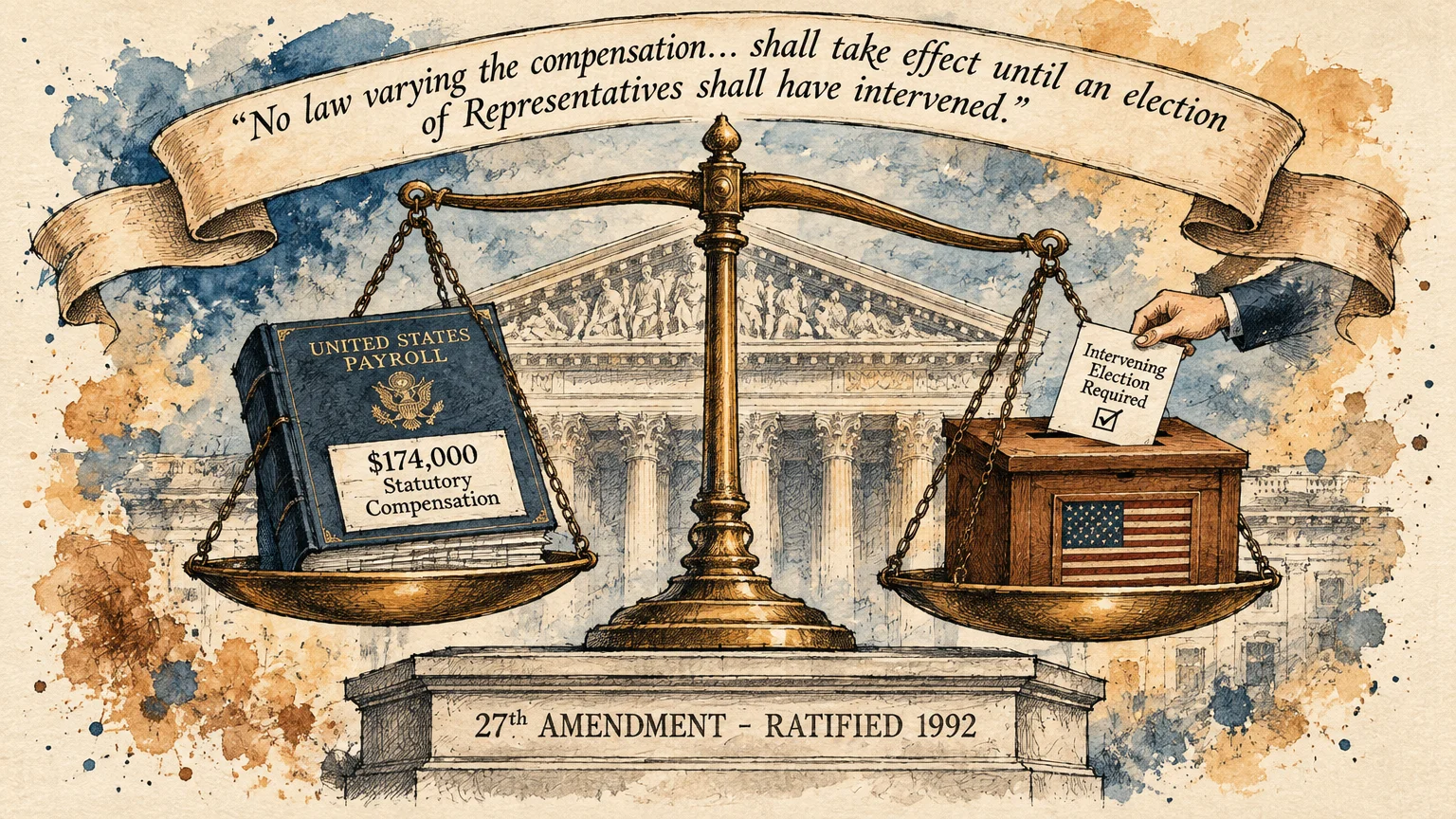 Illustration of scales balancing a United States payroll book against a ballot box under the 27th Amendment banner.