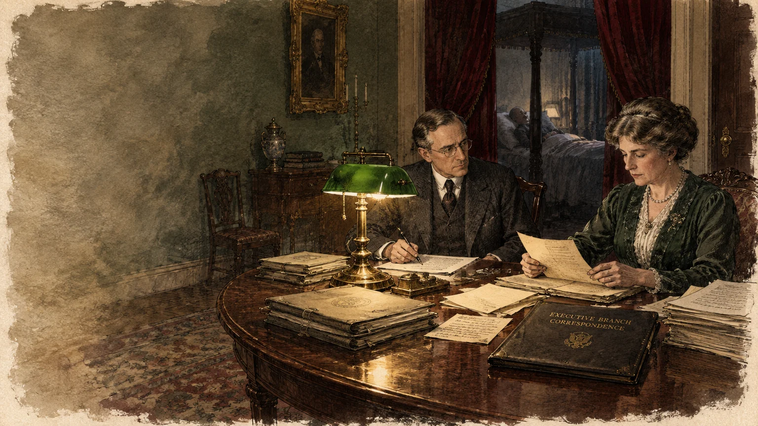 Illustration of a woman and man reviewing executive papers at a desk near a bed where a sick man rests.