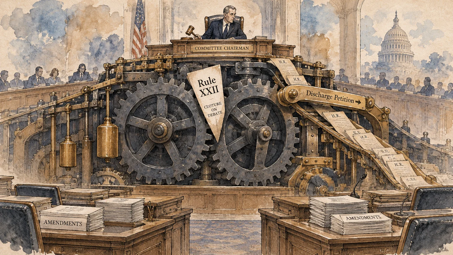 Illustration of a committee chairman at a mechanical legislative dais with large gears, Rule XXII, and documents.