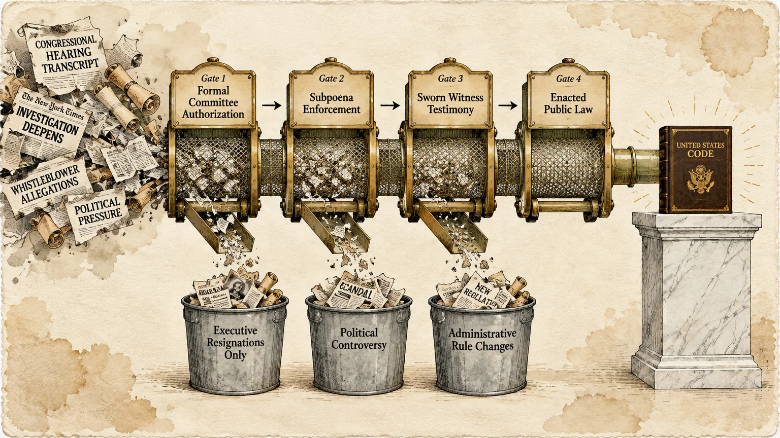 Diagram of a mechanical filter sorting documents through four gates into three discarded buckets and a law book.