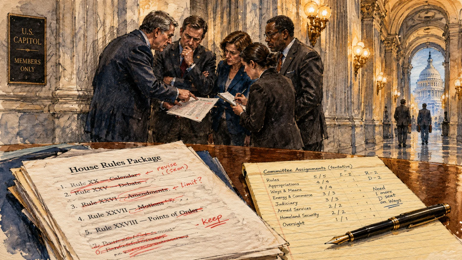 Illustration of lawmakers huddled in a Capitol hallway above draft House rules and committee assignment papers on a desk.