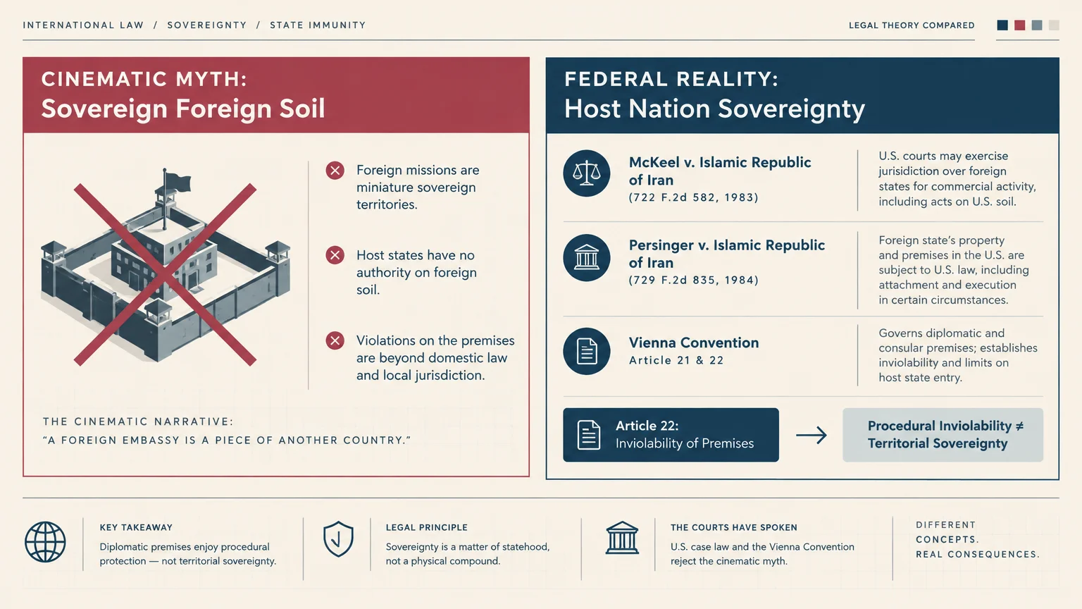 Diagram contrasting the myth of sovereign embassy soil with federal reality and legal precedents like the Vienna Convention.