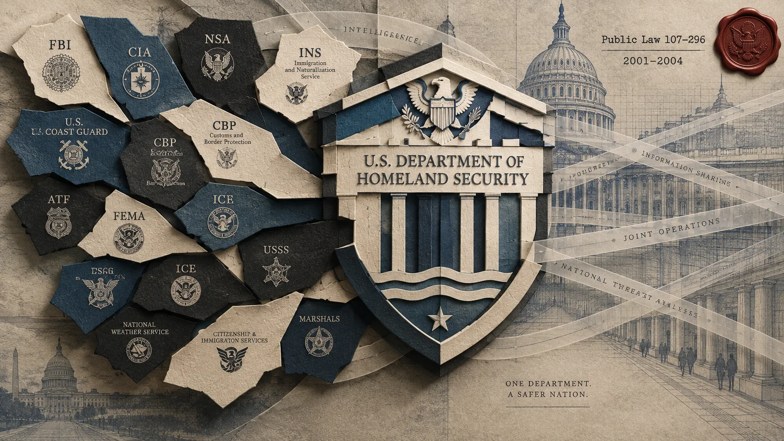 Diagram of various federal agency badges feeding into a 3D U.S. Department of Homeland Security shield beside the Capitol.
