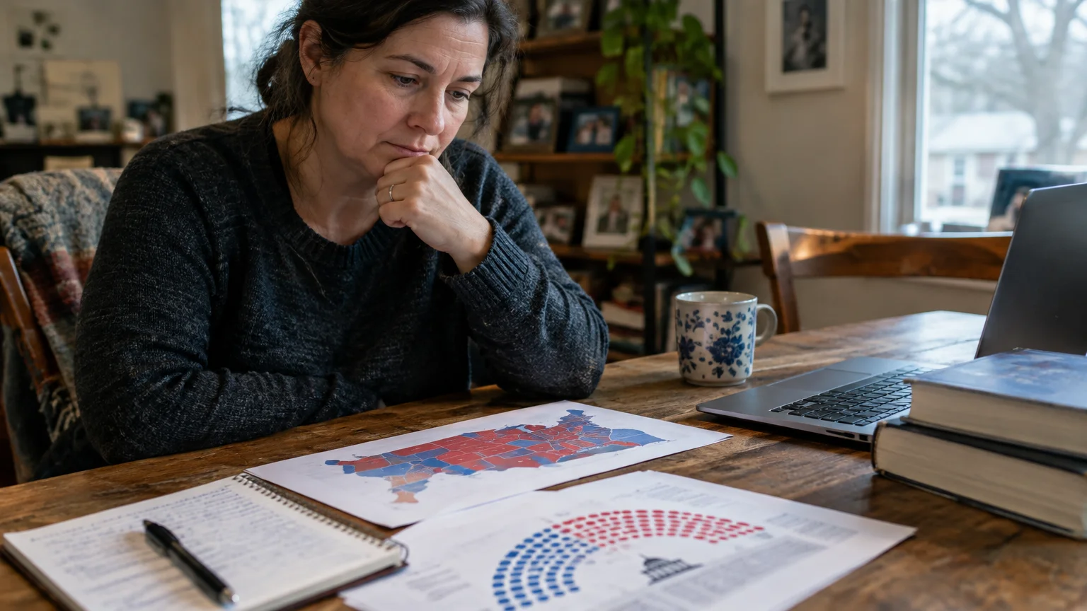 A woman sitting at a wooden table looking down thoughtfully at printed election maps and charts next to a laptop.