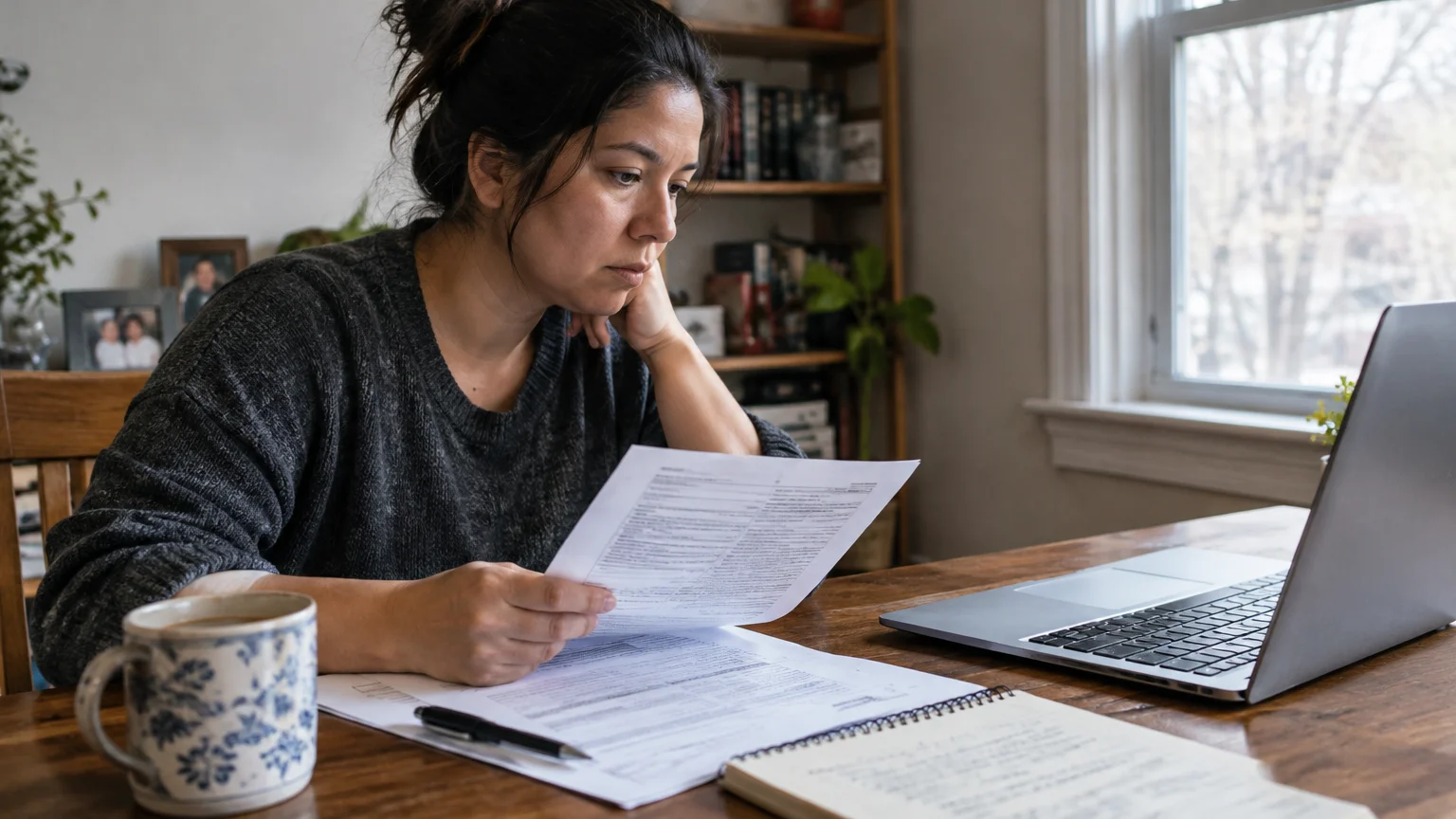 Woman sitting at a wooden table looking intently at printed paperwork next to an open laptop and coffee mug.