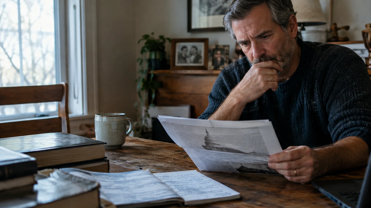 A thoughtful man sits at a wooden desk reading a document featuring a printed picture of the U.S. Capitol building.