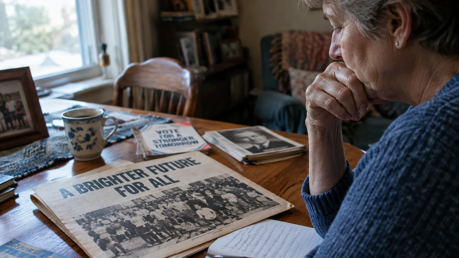 A person rests their chin on their hand at a wooden table covered with vintage political campaign newspapers.
