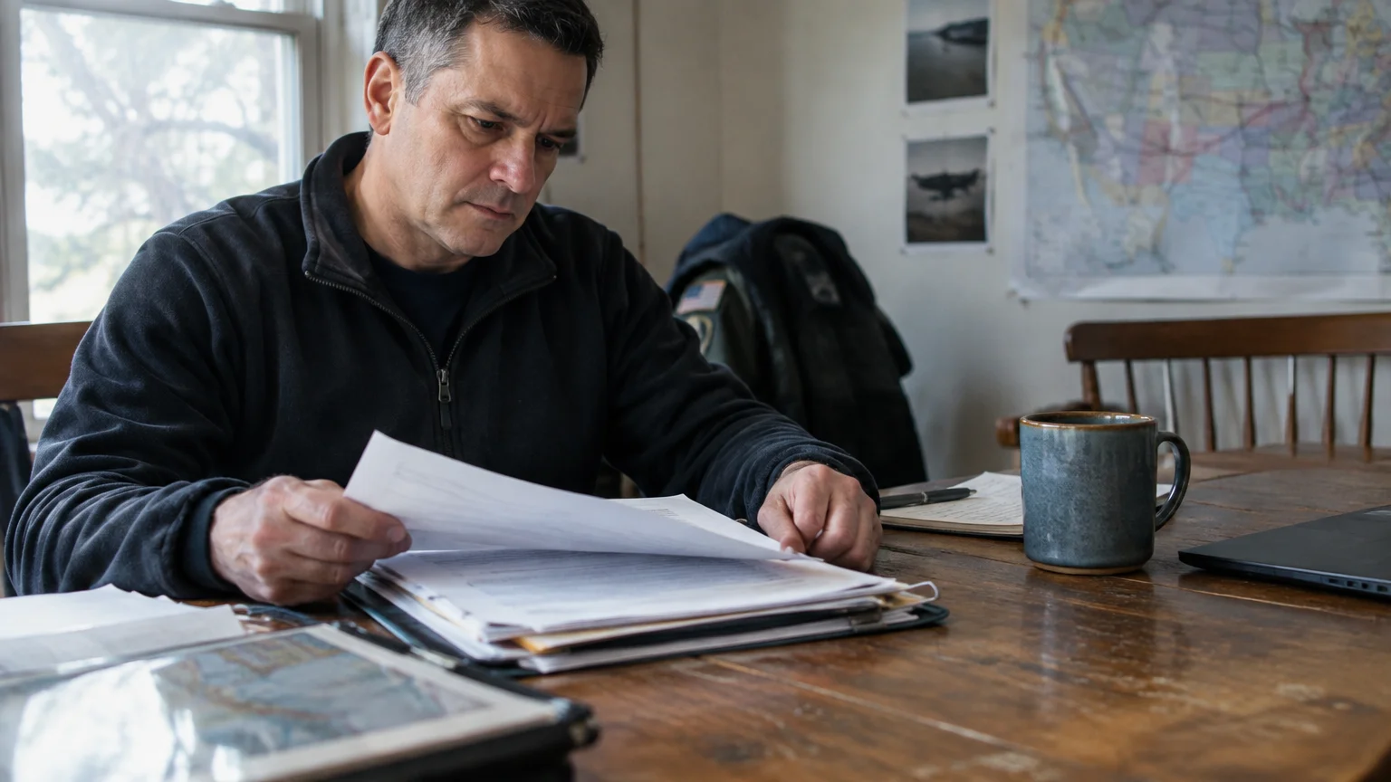 Man in a black fleece jacket sits at a wooden table reviewing printed documents near a coffee mug and maps.