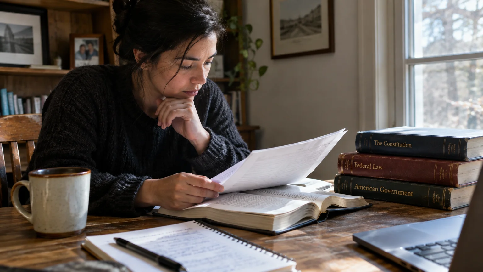 A woman sitting at a wooden desk reading printed papers near open law books, a notepad, and a laptop.