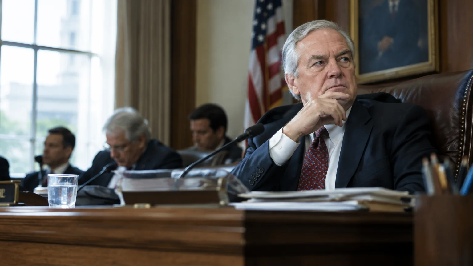 Older politician in a suit sitting at a committee hearing desk with his hand on his chin, with colleagues nearby.