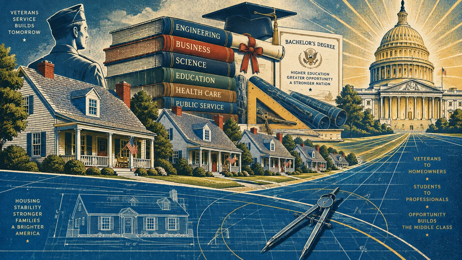 Illustration of suburban homes, architectural blueprints, a stack of academic books, a diploma, and the U.S. Capitol dome.