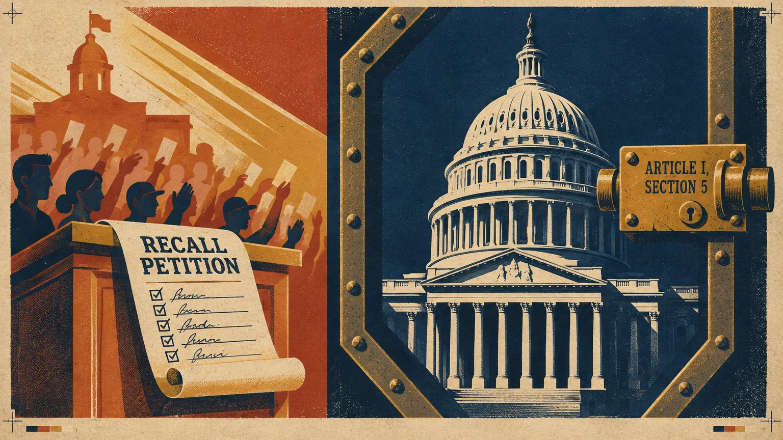 Illustration of citizens signing a recall petition beside the U.S. Capitol dome enclosed behind a locked metal frame.