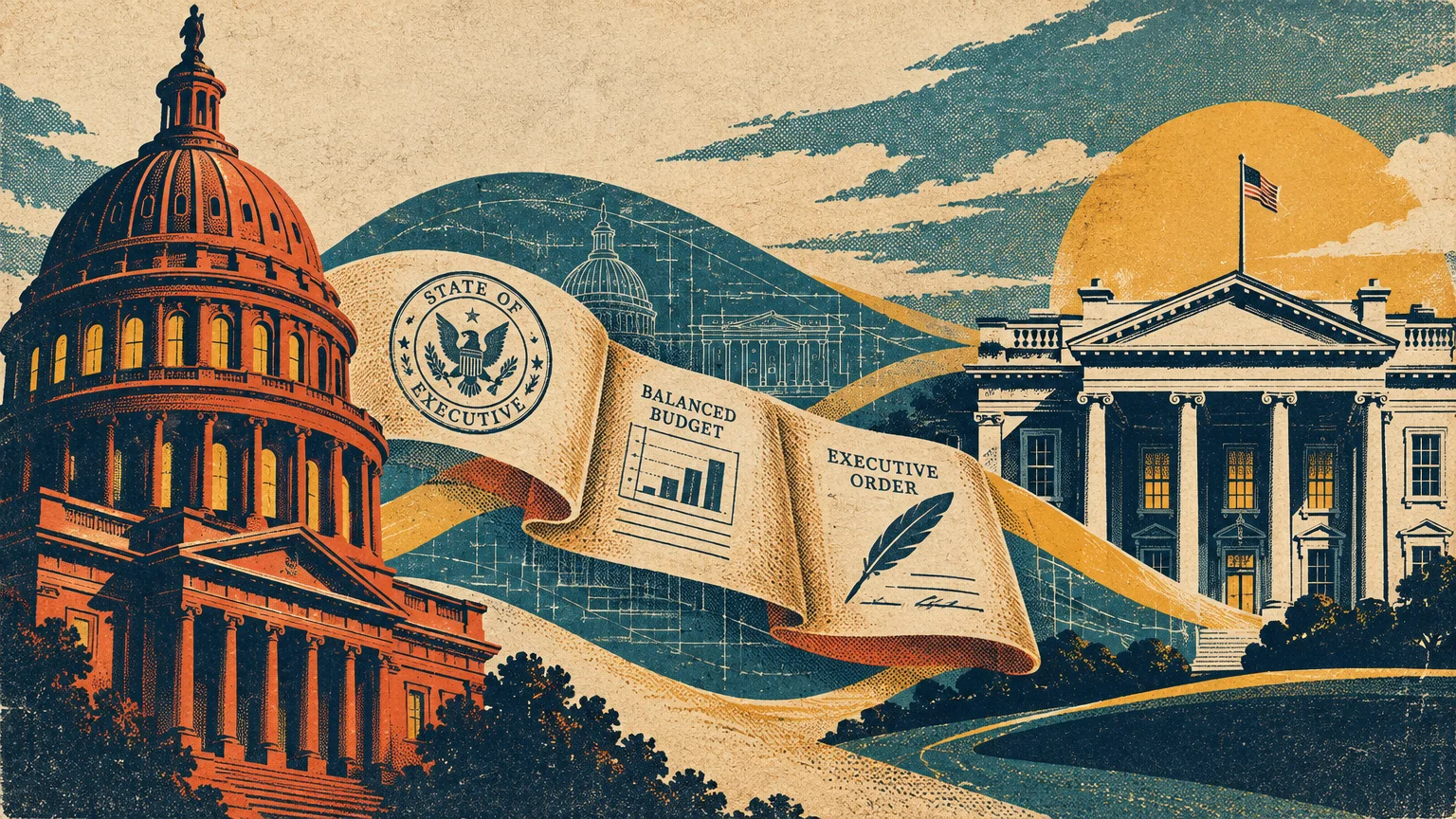 Illustration connecting an orange state capitol building to the White House via a floating document scroll.