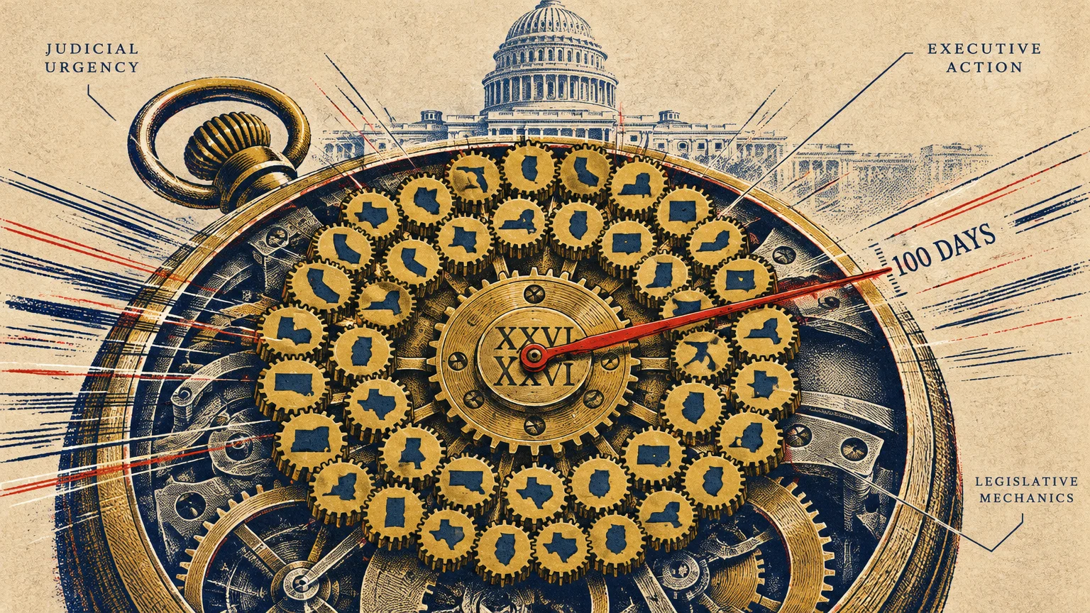 Illustration of an intricate pocket watch with state gears and Roman numeral 26 set against the US Capitol building.