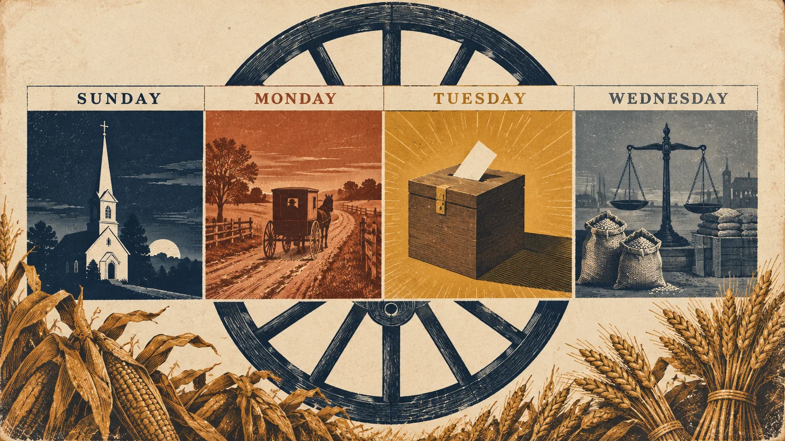 Four-panel illustration of Sunday church, Monday buggy travel, Tuesday ballot box, and Wednesday market scale.