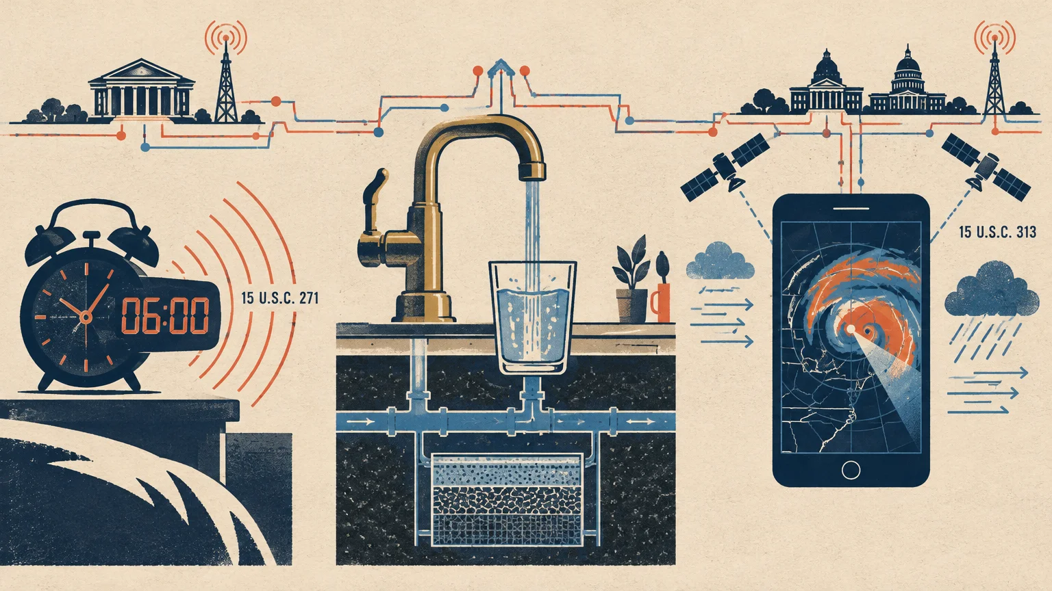 Diagram linking government buildings to an alarm clock, running tap water, and a smartphone displaying a weather radar.