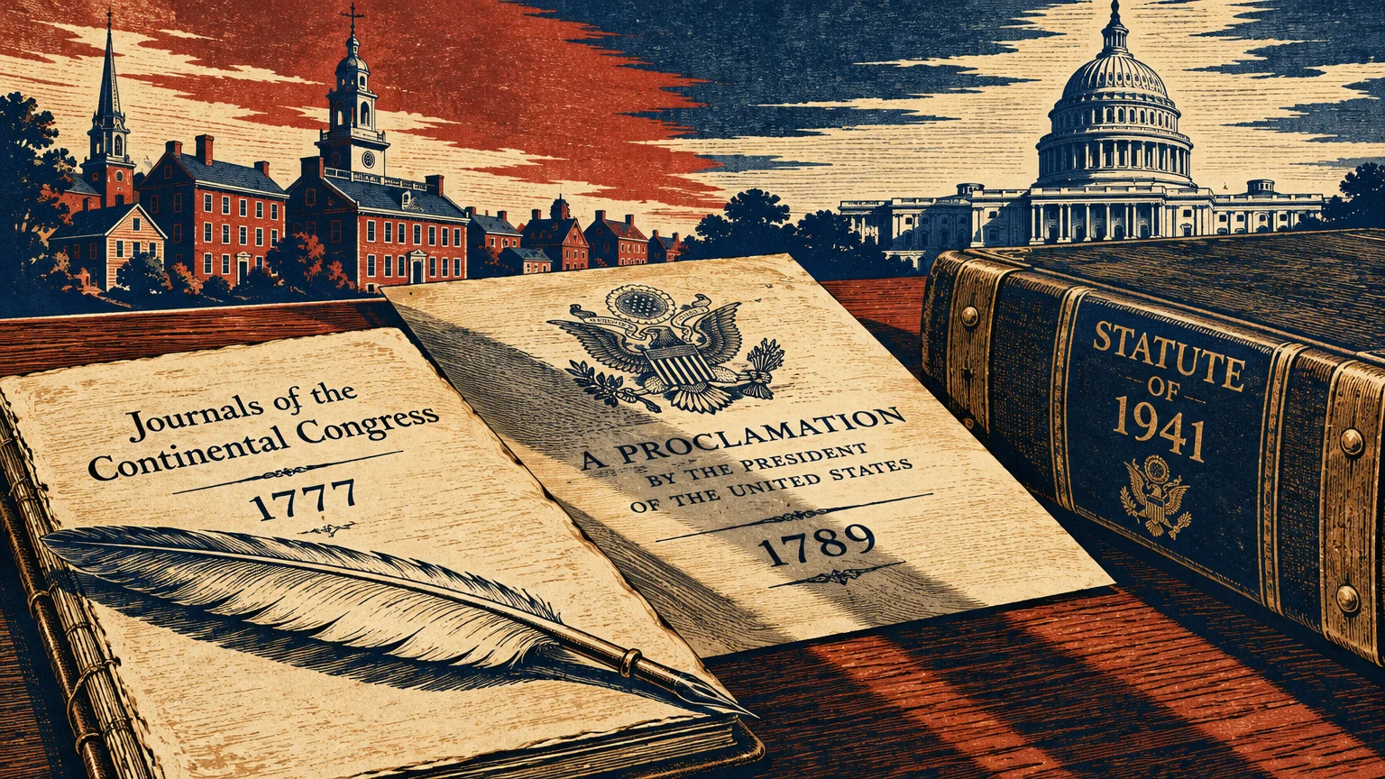 Illustration of historical documents, a quill, and a 1941 statute book before colonial buildings and the US Capitol.
