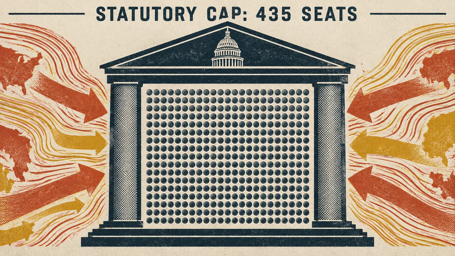 Illustration of a classical building labeled "STATUTORY CAP: 435 SEATS" flanked by inward-pointing arrows.