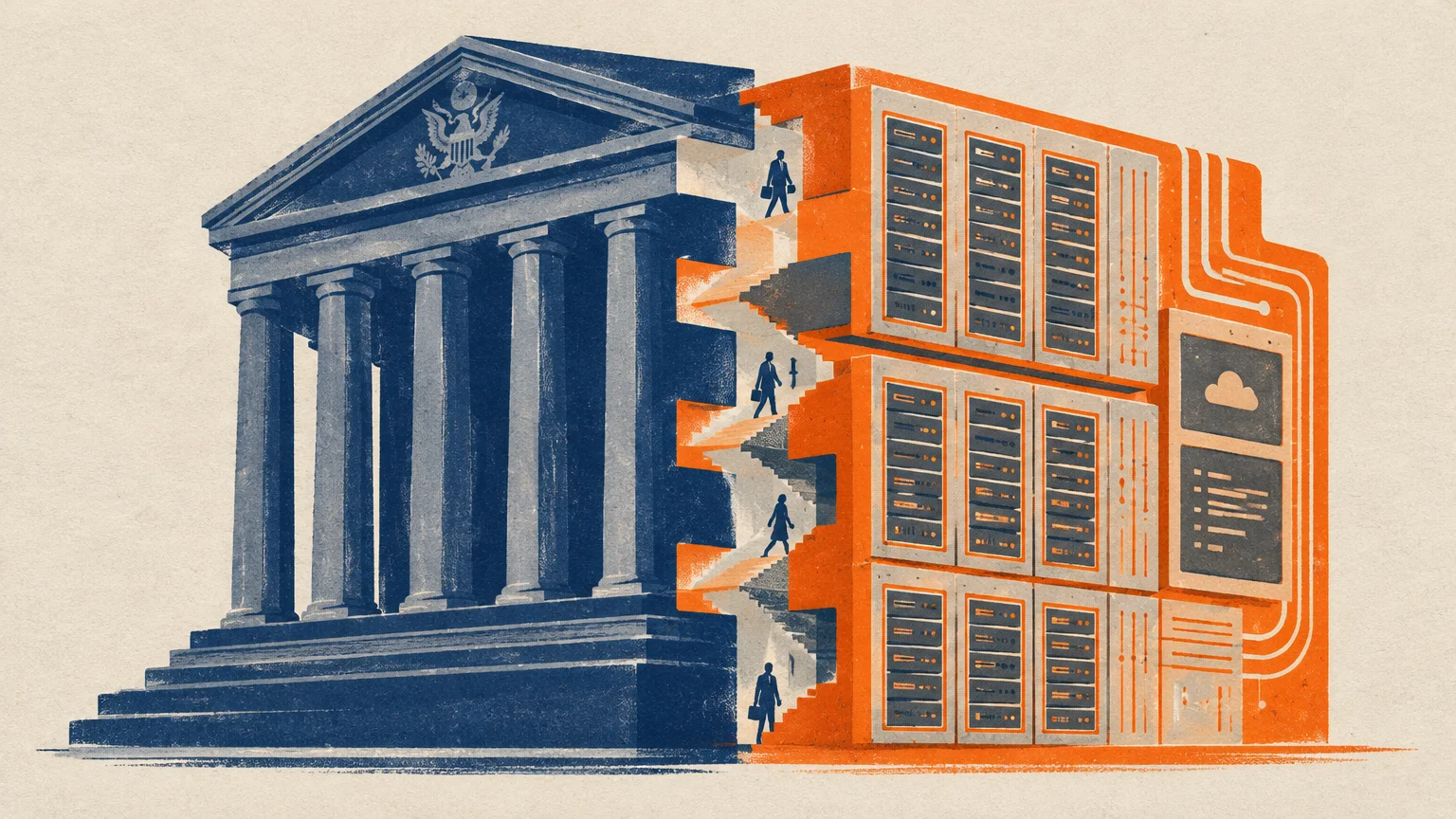 A blue classical government building split open to reveal orange computer server racks with figures on stairs.