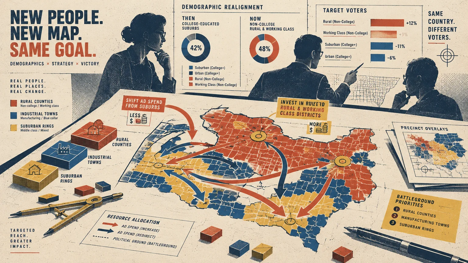 Retro infographic illustration of strategists planning electoral campaigns over a demographic map and voter charts.
