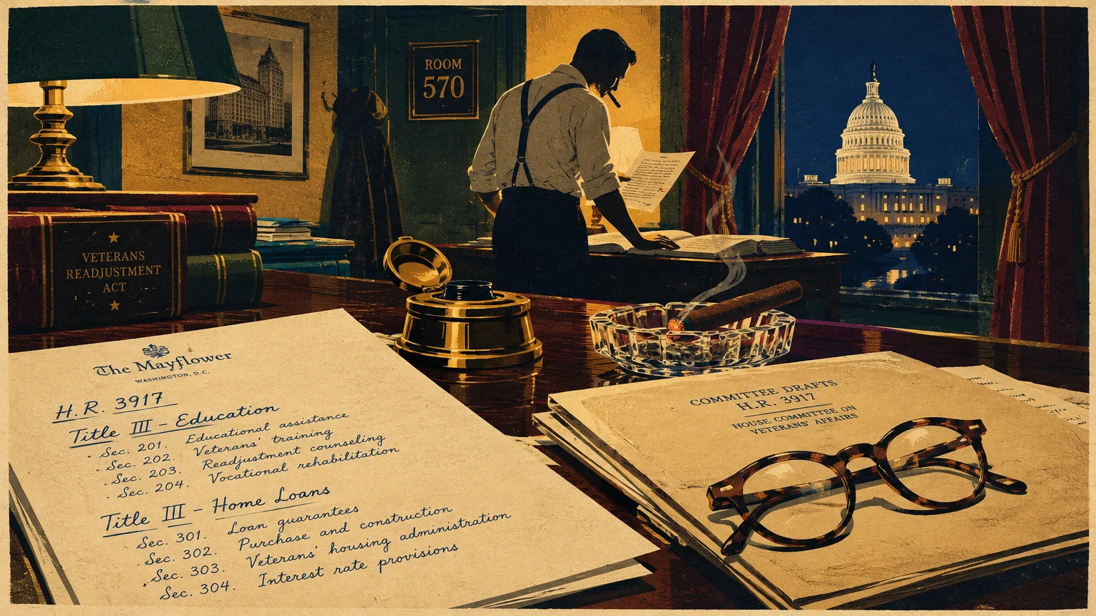 Desk with H.R. 3917 drafts, glasses, and an inkwell before a man standing by a window overlooking the illuminated Capitol.