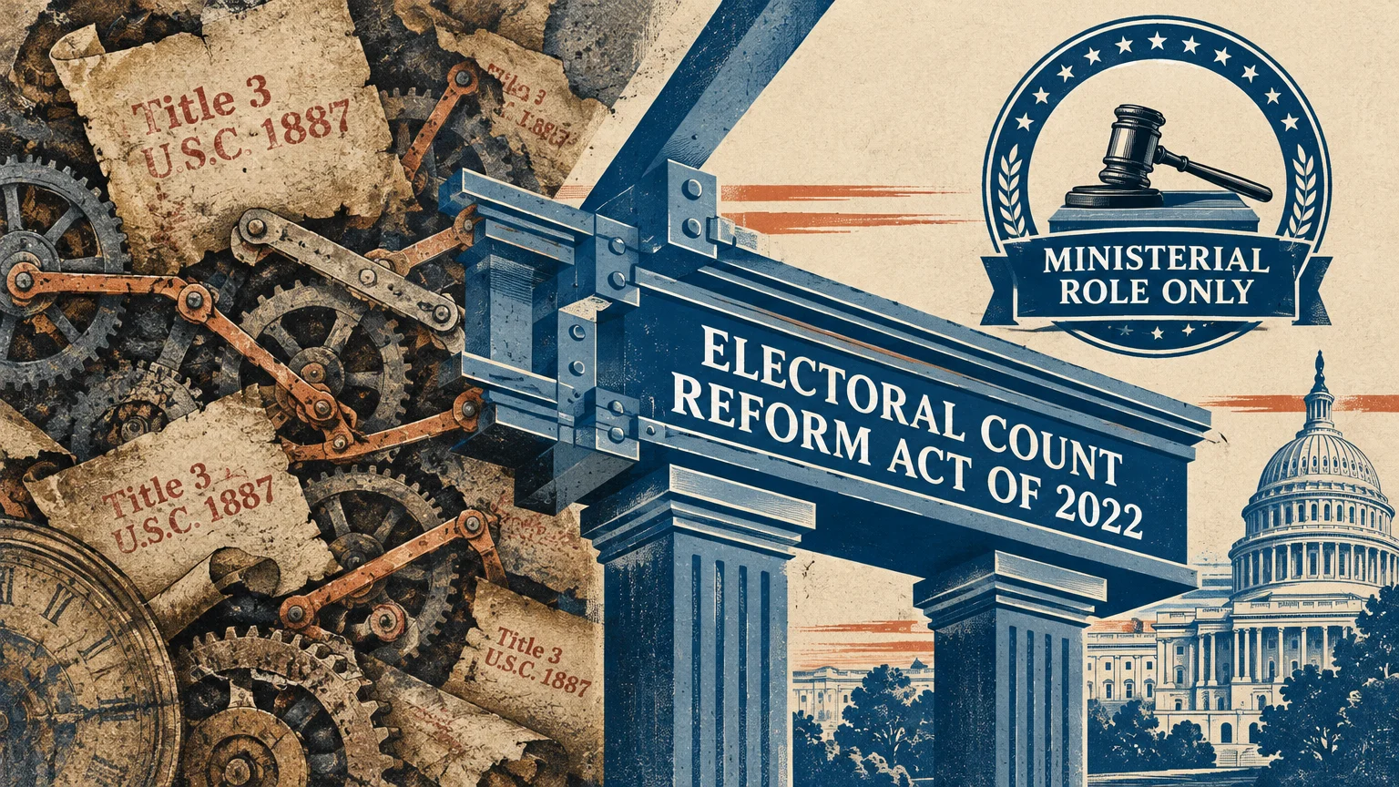 Illustration of the US Capitol beside the Electoral Count Reform Act of 2022 and a ministerial role seal.