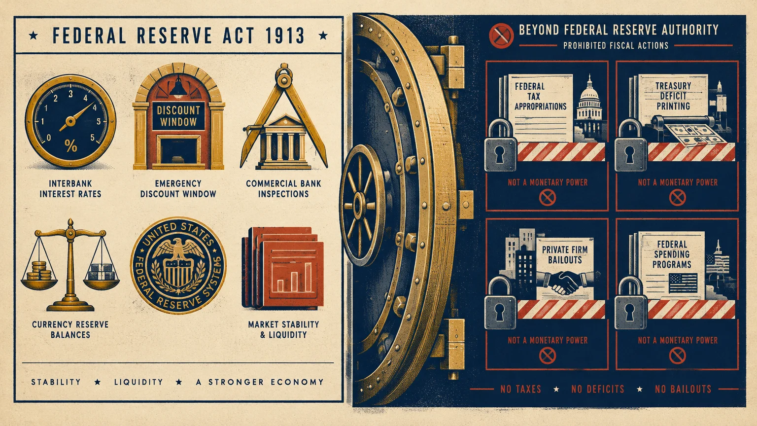 Split illustration of Federal Reserve powers and prohibited actions, divided by an open bank vault door.