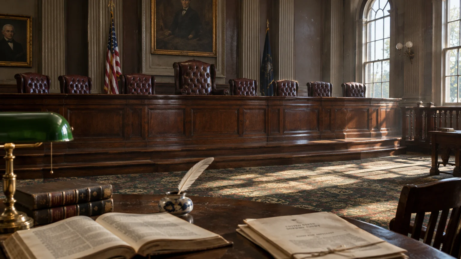 Empty historic courtroom with a long wooden bench, leather chairs, flags, portraits, and legal papers on a front desk.