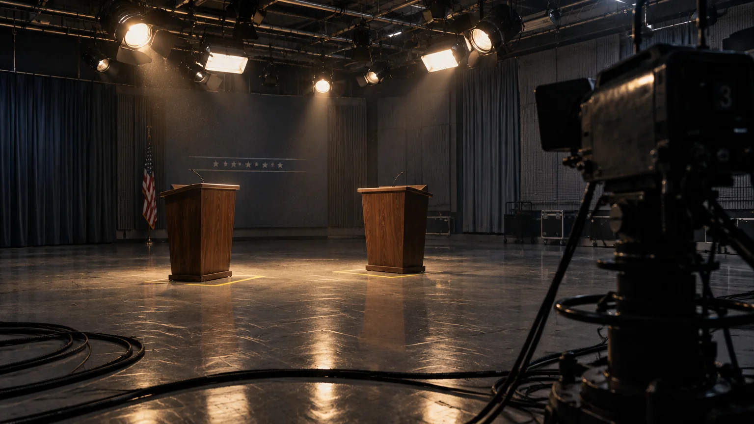 Empty debate stage with two wooden podiums under bright overhead studio lights, facing a vintage broadcast camera.