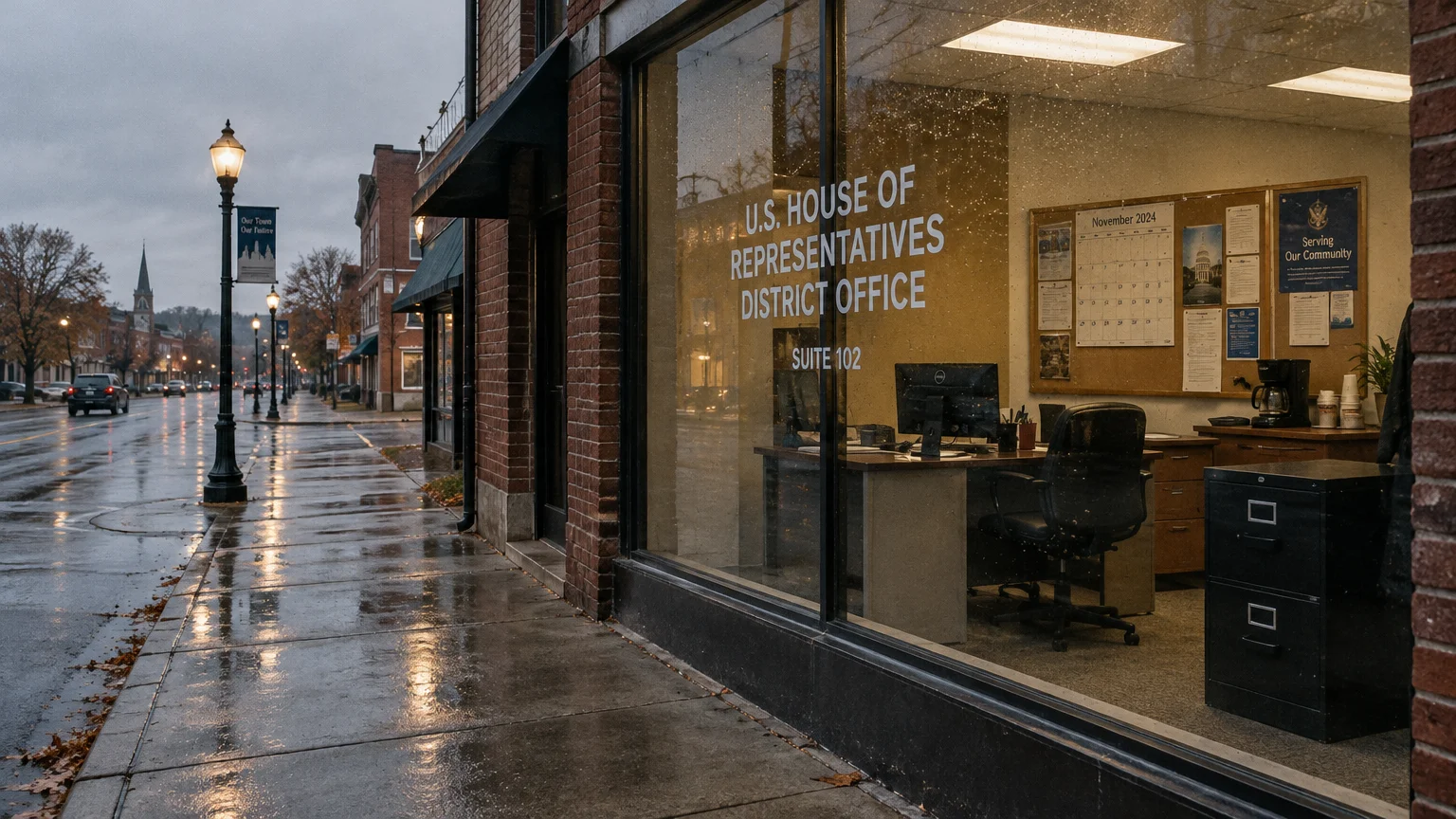 Street-level view of a U.S. House of Representatives district office window on a rainy sidewalk, showing an office interior.