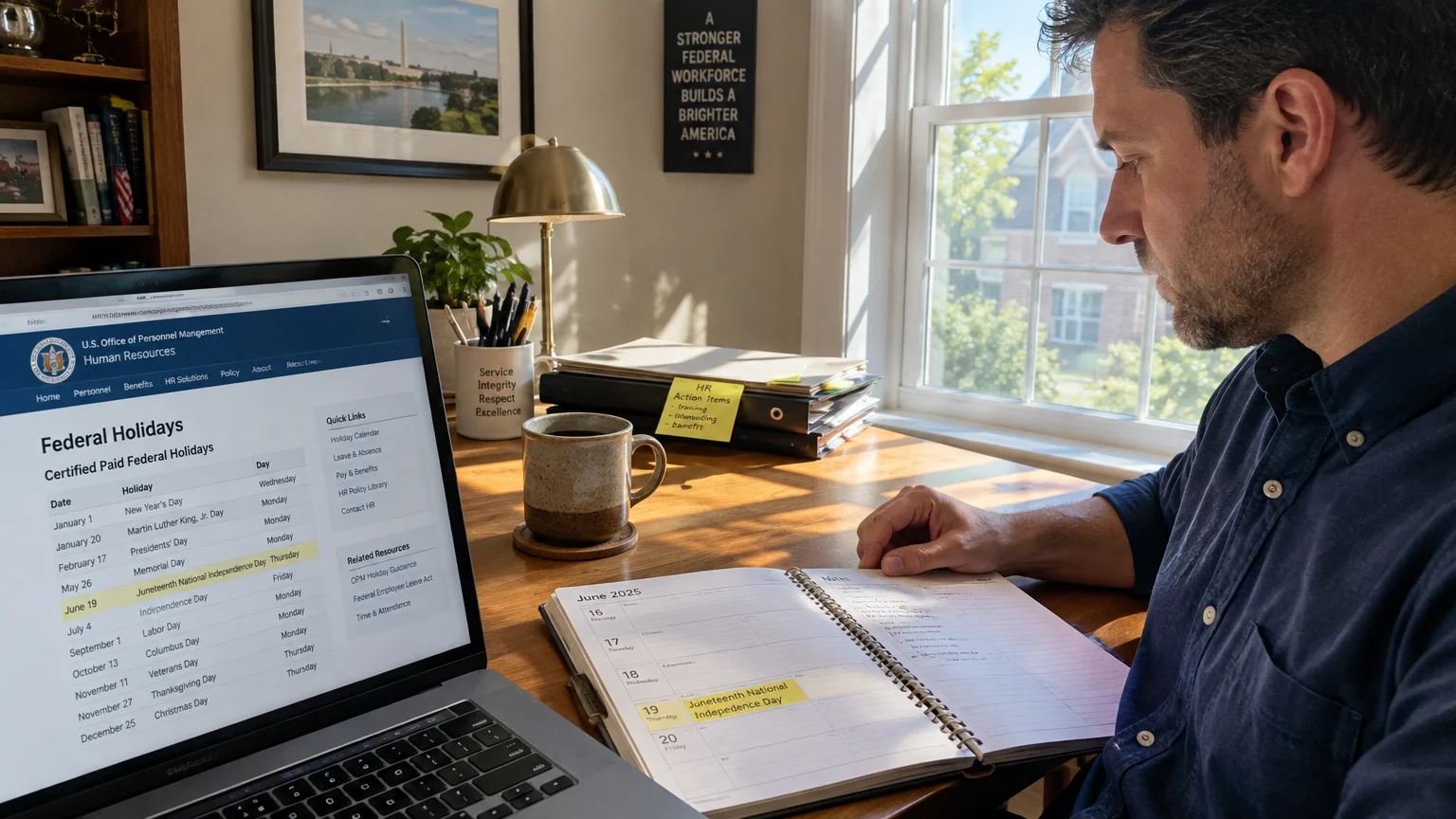 A man at a wooden desk looks at an open planner next to a laptop displaying a federal holiday calendar.